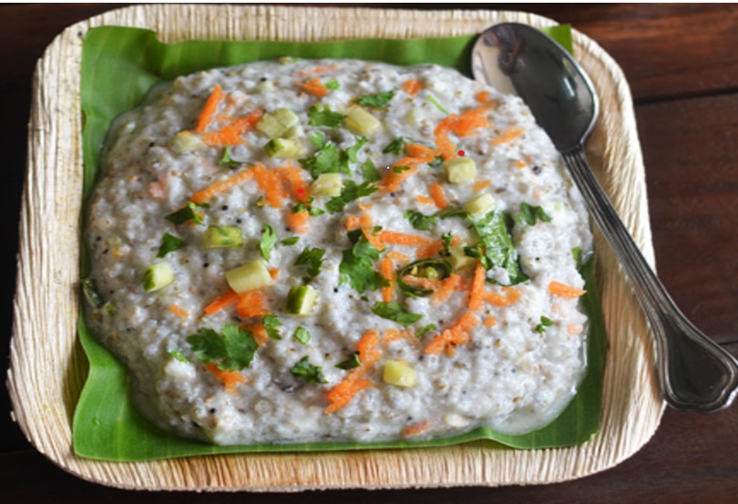 Brown Top Millet Curd Rice Garnish with Coriander and Grated Carrot